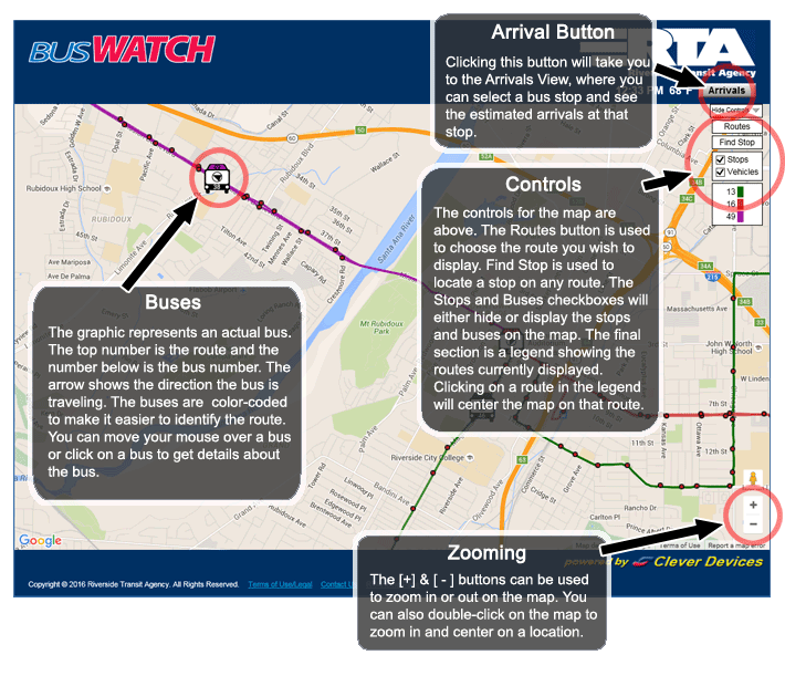 Zooming - The bar control can be used to zoom in or out on the map.  You can also double-click on the map to zoom in and center on a location. Buses - The graphic represents an actual RTA bus.  The top number is the route and the number below is the bus number.  The arrow shows the direction the bus is traveling.  The buses are color-coded to make it easier to identify the route. You can move your mouse over a bus or click on a bus to get details about the bus. Bus Stops - The red dots represent bus stops on a bus route.  Red dots right next to each other represent bus stops on either side of the street, with buses going in opposite directions.  You can move your mouse over a stop or click on a stop to see the name of the stop and get details on when a bus is predicted to arrive at that stop. Controls - The controls for the map are above.  The Routes button is used to choose the route you wish to display.  Find Stop is used to locate a stop on any RTA route.  The Stops and Buses checkboxes will either hide or display the stops and buses on the map.  The final section is a legend showing the routes currently displayed.  Clicking on a route in the legend will center the map on that route.