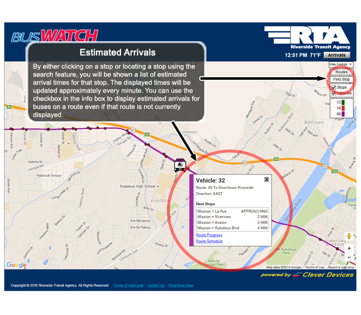 Estimated Arrivals - By either clicking on a stop or locating a stop using the search feature, you will be shown a list of estimated arrival times for that stop.  The displayed times will be updated approximately every minute. You can use the checkbox in the info box to display estimated arrivals for buses on a route even if that route is not currently displayed.