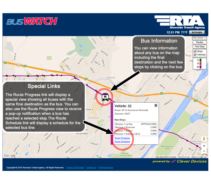 Bus Information - You can view information about any bus on the map including the final destination and the next few stops by clicking on the bus. Special Links - The Route Progress link will display a special view showing all buses with the same final destination as this bus.  You can also use that view to receive a pop-up notification when a bus has reached a selected stop. The Route Schedule link will display the RTA schedule for the selected bus line.