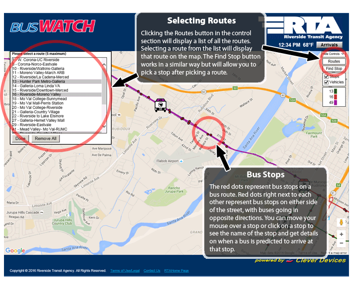 Selecting Routes - Clicking the Routes button in the control section will display a list of all the RTA routes.  Selecting a route from the list will display that route on the map.  The Find Stop button works in a similar way but will allow you to pick a stop after picking a route.